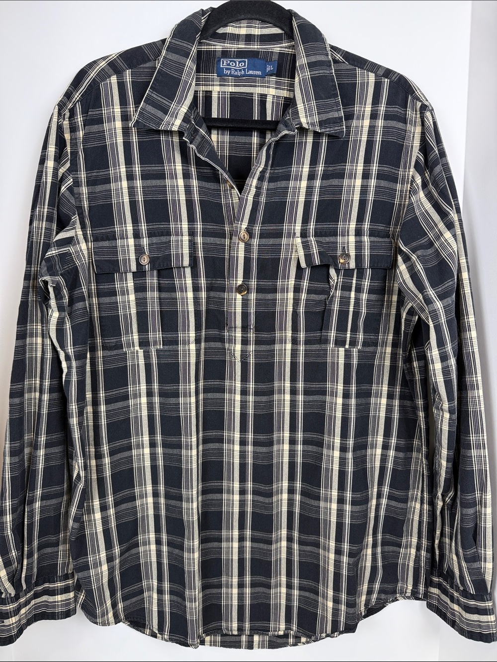 ✨90s VTG Polo Ralph Lauren Plaid Pullover Work Shirt Black White Half Button L